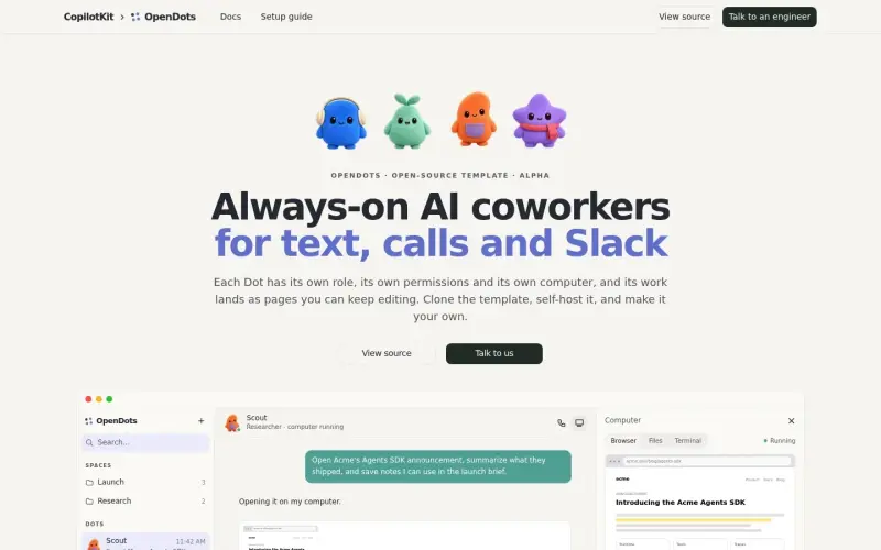 OpenDots homepage showing Self-hosted AI coworkers for text, calls, and Slack