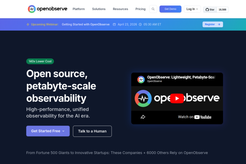OpenObserve: Open Source Observability Platform homepage showing Scale your observability with a fast, cost-effective platform designed for