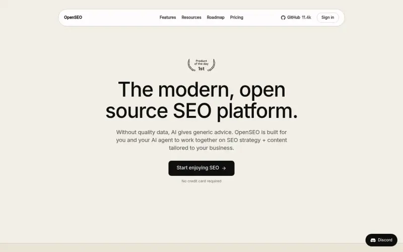 OpenSEO homepage showing Open source SEO tools for keyword research, backlinks, and AI agents
