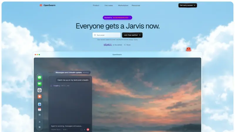 OpenSwarm homepage showing Free AI-powered Mac desktop assistant for personal productivity and automation