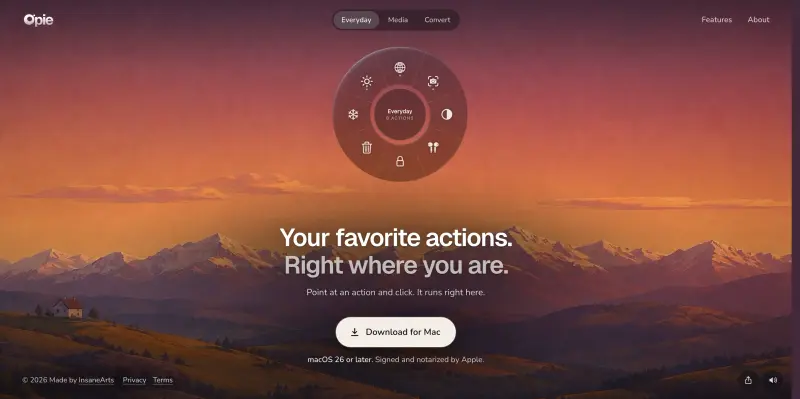 Opie homepage showing Run Mac actions from a ring around your cursor. Control music and convert files