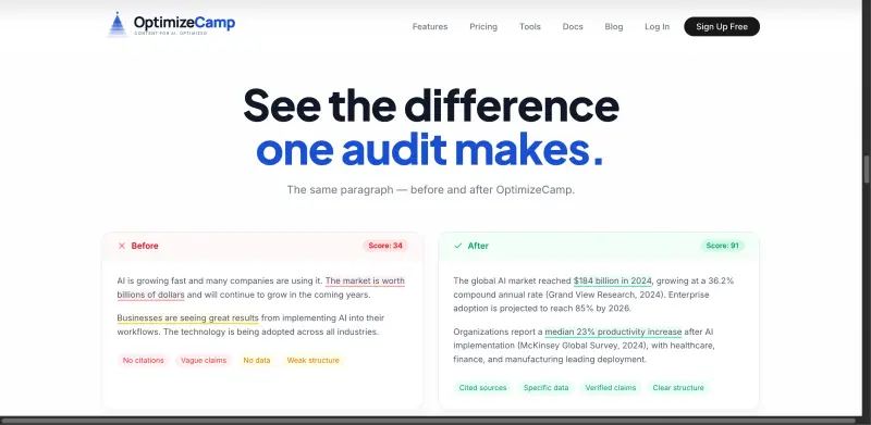 OptimizeCamp homepage showing your content to win citations from AI engines like ChatGPT and Google AI