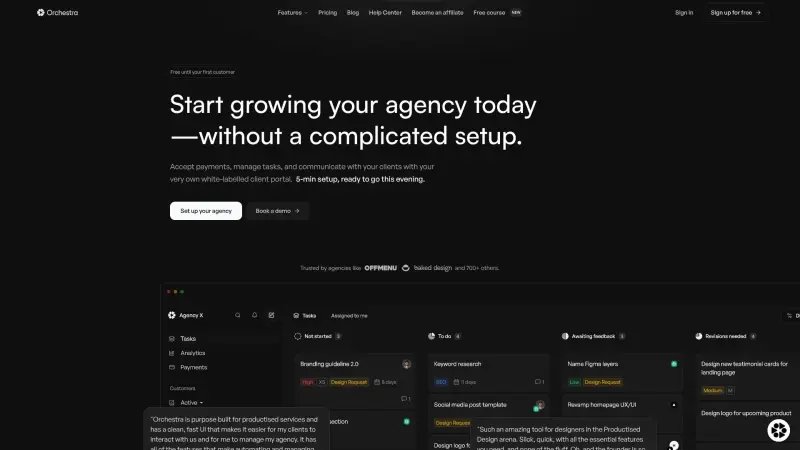 Orchestra homepage showing Client portal for agencies: payments, tasks, and client communication