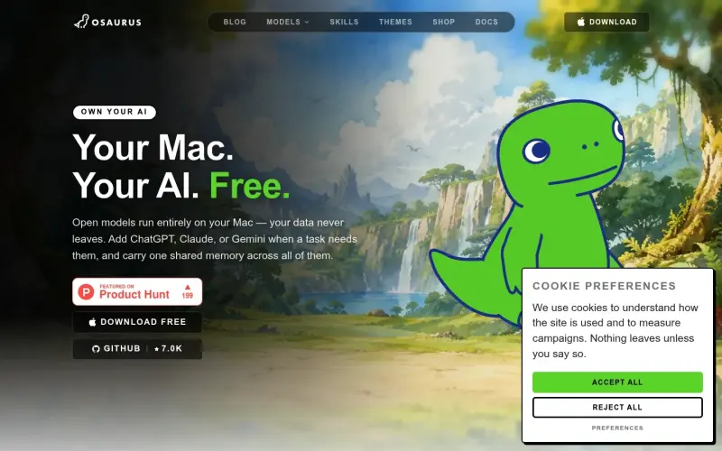 Osaurus homepage showing Run AI agents locally on your Mac