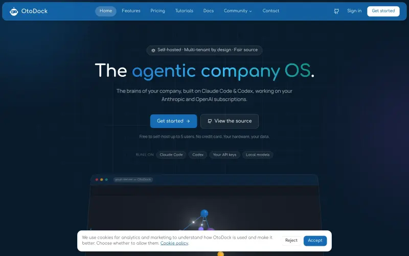 OtoDock homepage showing Self-hosted AI agents running on infrastructure you control