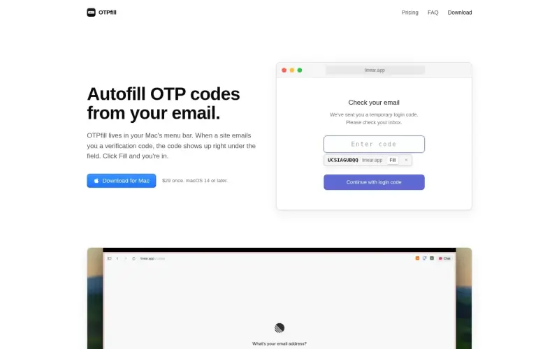 Otpfill homepage showing Streamline 2FA with email-based OTP autofill