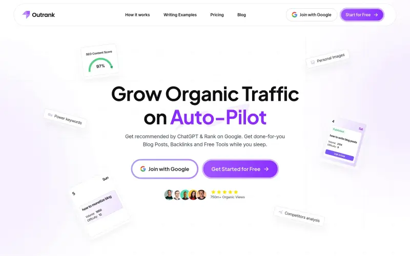 Outrank homepage showing Grow your traffic with SEO-optimized content
