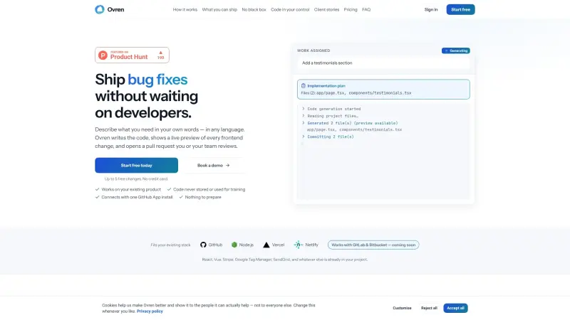 Ovren homepage showing AI coding tool for teams on GitHub, GitLab, and Bitbucket, enabling live