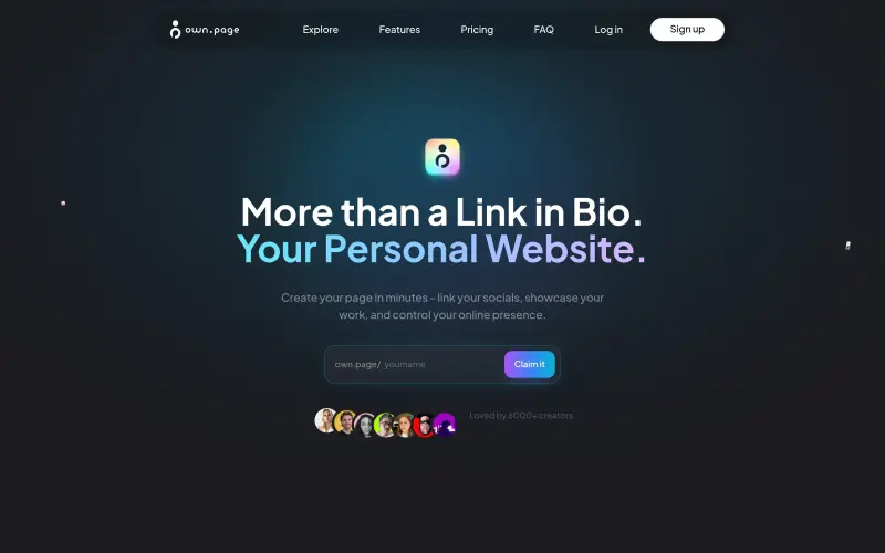 own.page homepage showing Create a personal website with links, images, and widgets, no code required