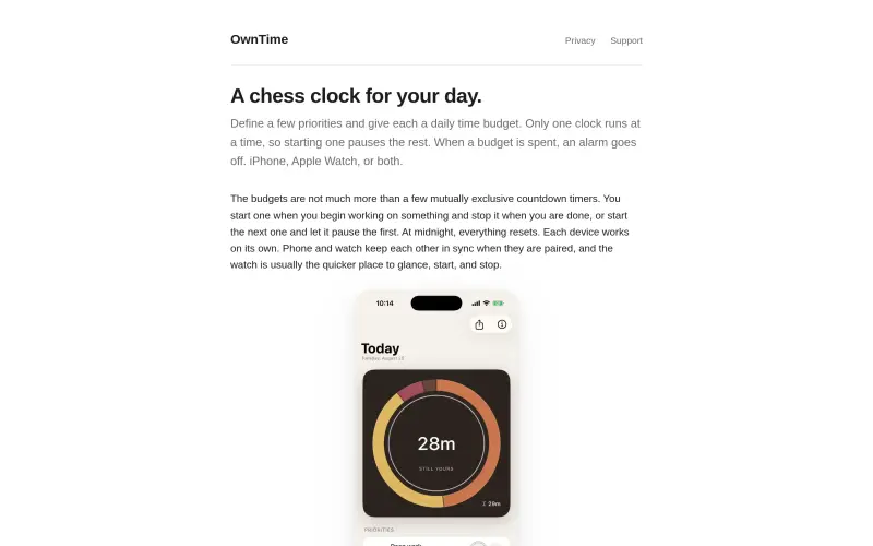 OwnTime homepage showing A chess clock for your day: one priority runs at a time, an alarm when its