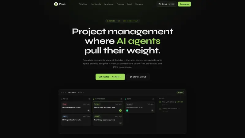 Paca homepage showing AI agents plan and work alongside humans