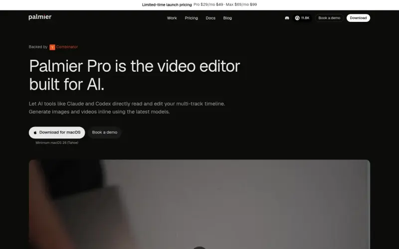 Palmier Pro homepage showing MacOS AI video editing in one timeline