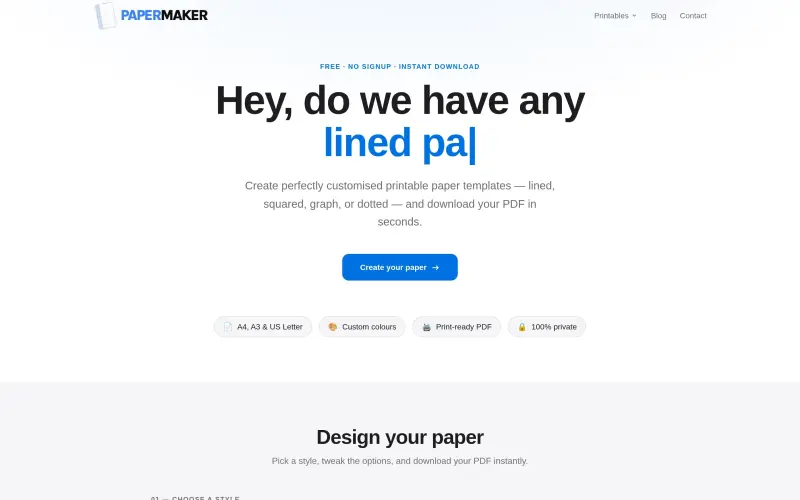 Paper Maker homepage showing Make custom printable paper PDFs instantly