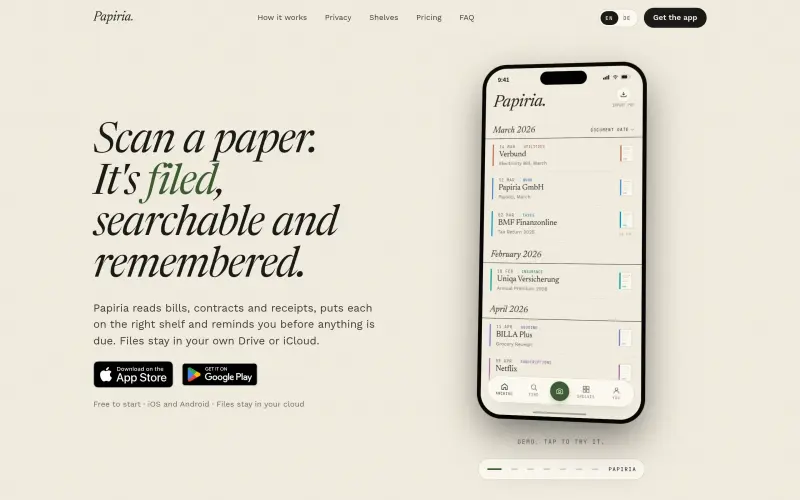 Papiria homepage showing paper organization with AI-powered file management automation
