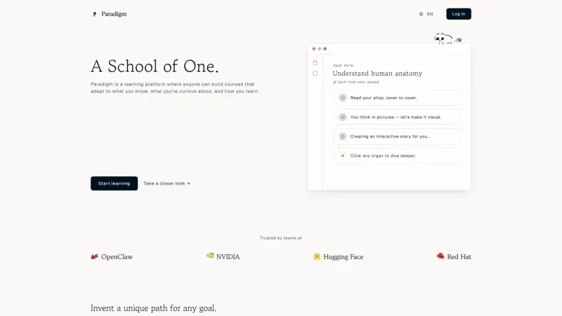 Paradigm homepage showing Personalized AI learning paths