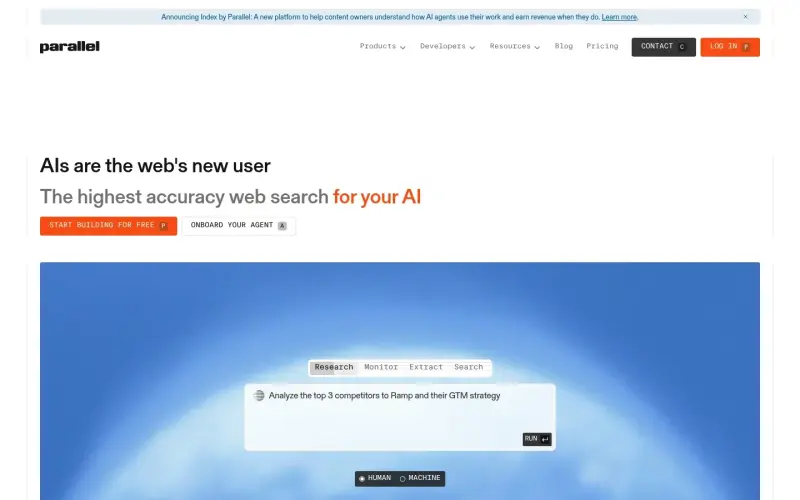 Parallel Web Systems homepage showing Web search for AI agents