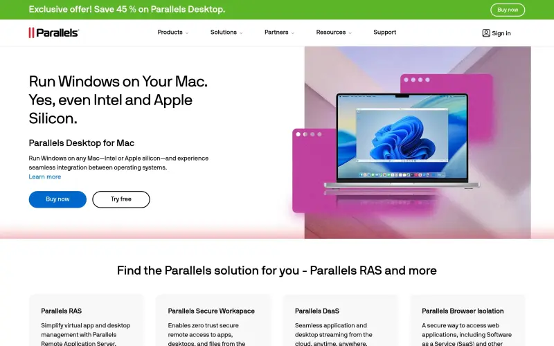Parallels homepage showing Experience effortless integration of Windows and Mac operating systems for