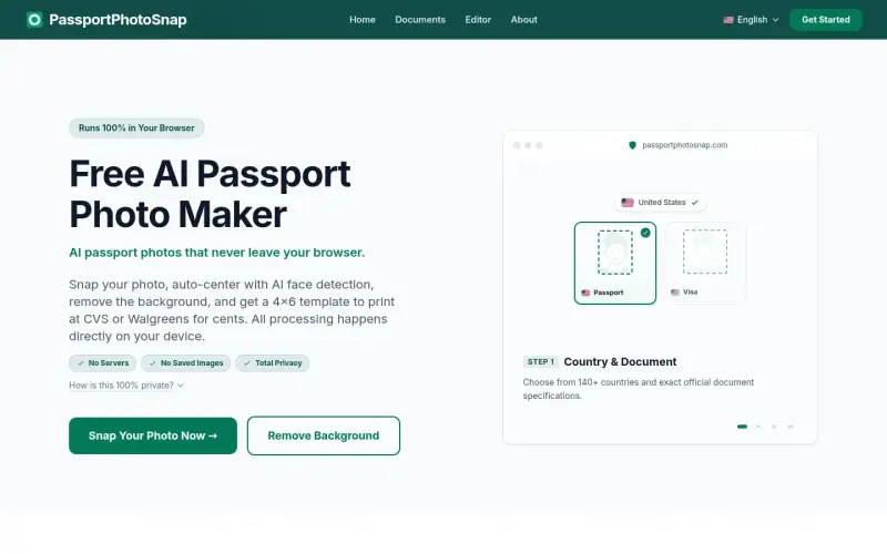 Passport Photo Snap homepage showing Create passport photos in your browser
