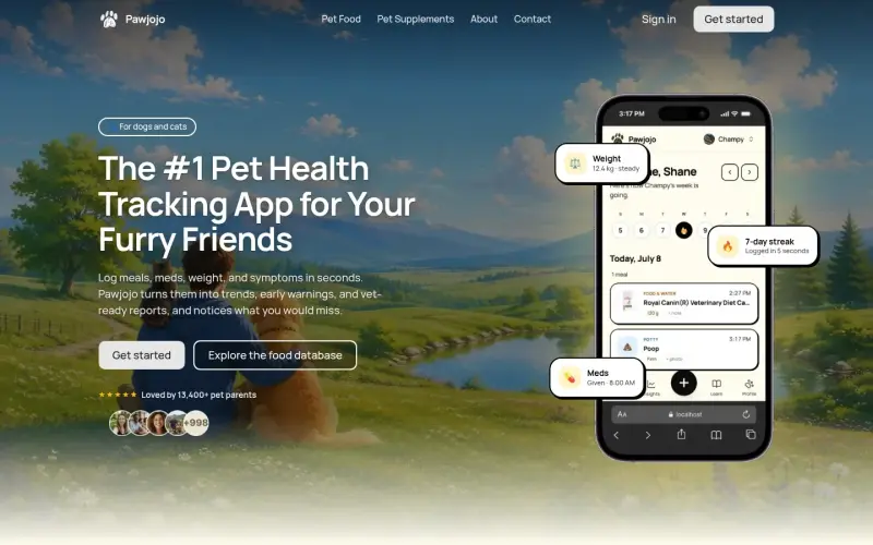 Pawjojo homepage showing pet health in seconds tracking