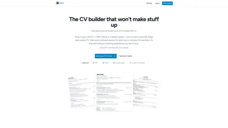 PDF CV homepage showing Build an ATS-friendly PDF CV