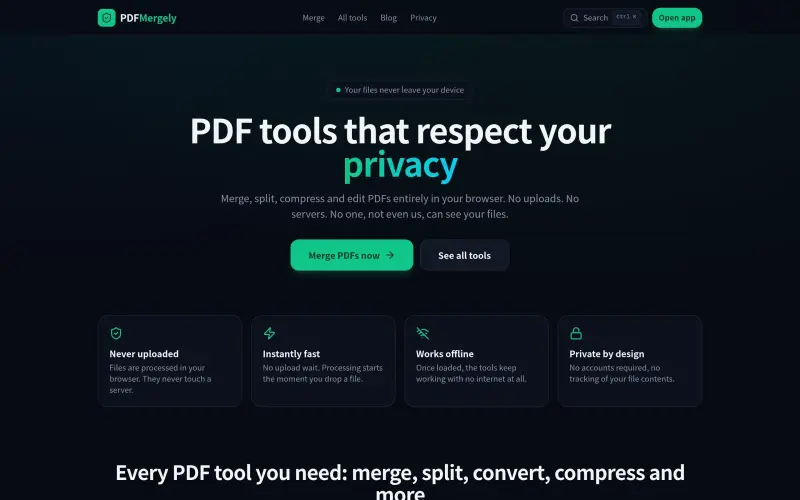 Pdfmergely homepage showing Edit PDFs in your browser