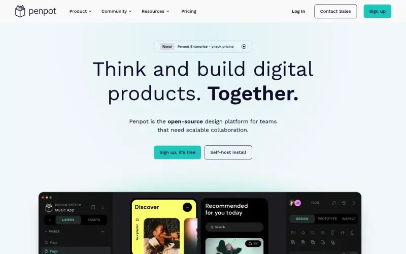 Penpot homepage showing Collaborative design platform for scalable digital products
