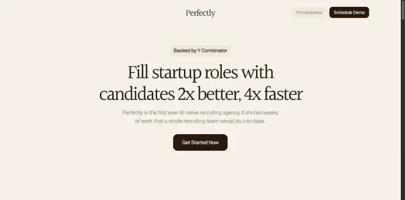 Perfectly homepage showing streamlines your hiring process, delivering top candidates in days, not