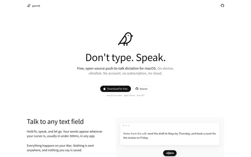 Perroquet homepage showing Speak to text, locally, for free