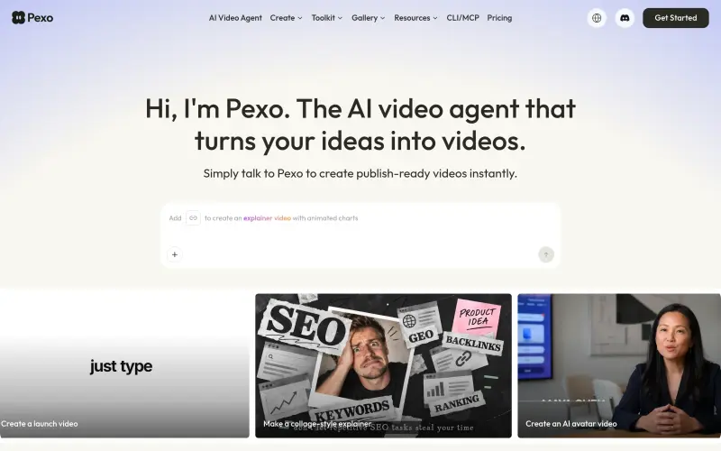 Pexo homepage showing Transform Your Ideas into Engaging Videos with AI-Powered Conversations