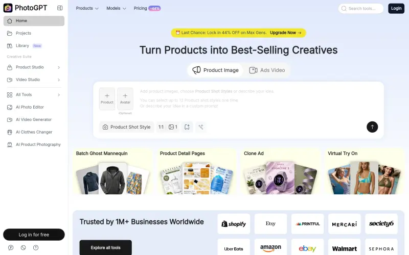 PhotoGPT homepage showing AI product photography for stunning ecommerce visuals