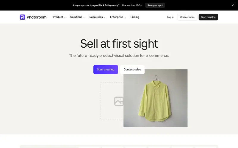 Photoroom homepage showing professional-quality product visuals with AI-powered photo editing and listing