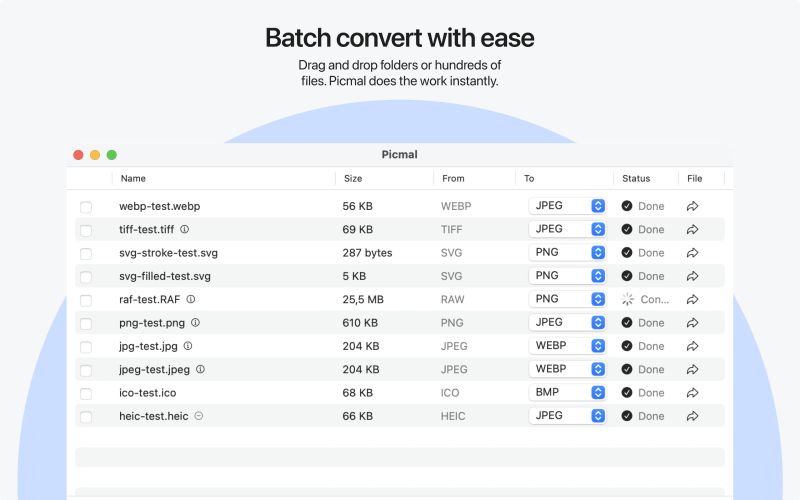 Picmal interface screenshot 2 showing Batch convert and compress images offline on your Mac. Beautiful, private, and