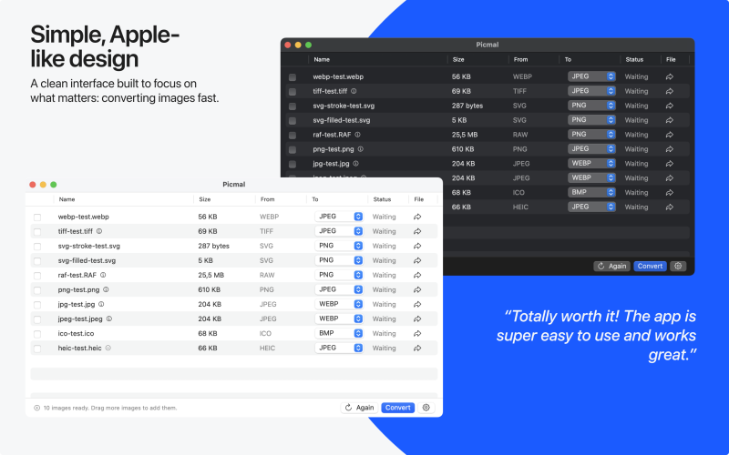 Picmal interface screenshot 4 showing Batch convert and compress images offline on your Mac. Beautiful, private, and