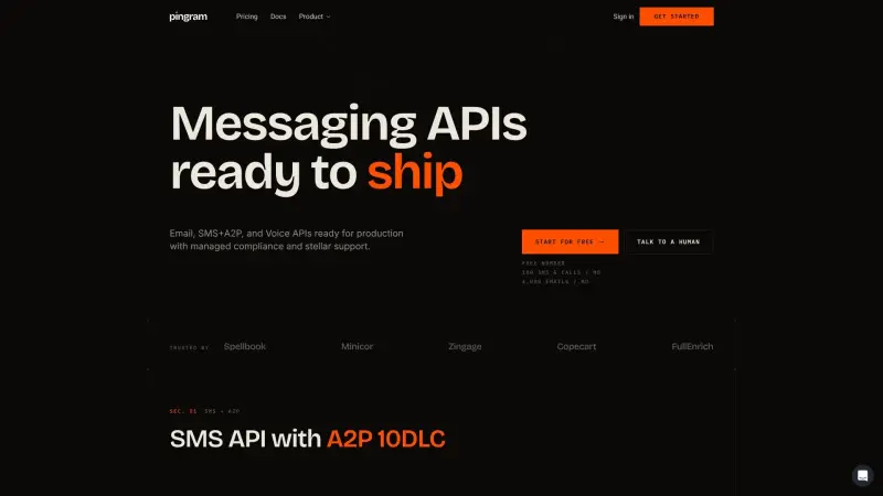 Pingram homepage showing One API to send and receive email, SMS, voice, and WhatsApp