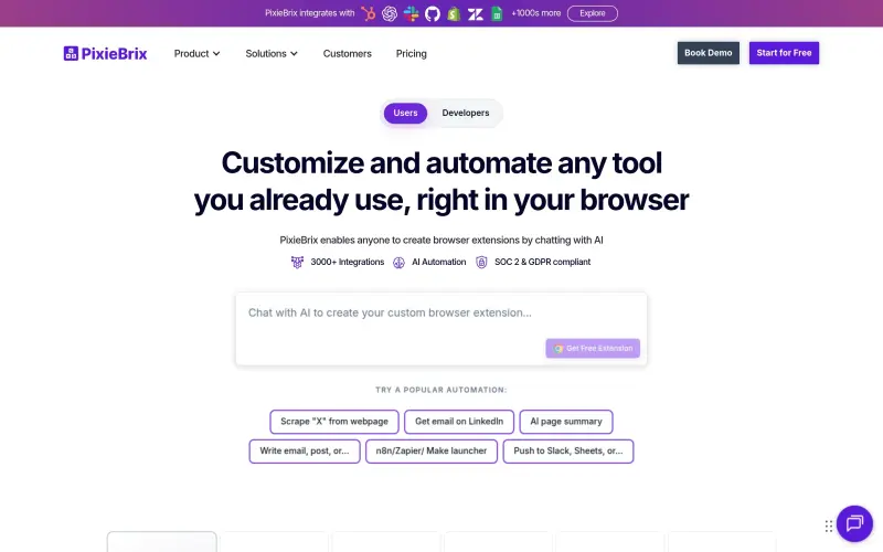 PixieBrix homepage showing Streamline tasks and boost productivity