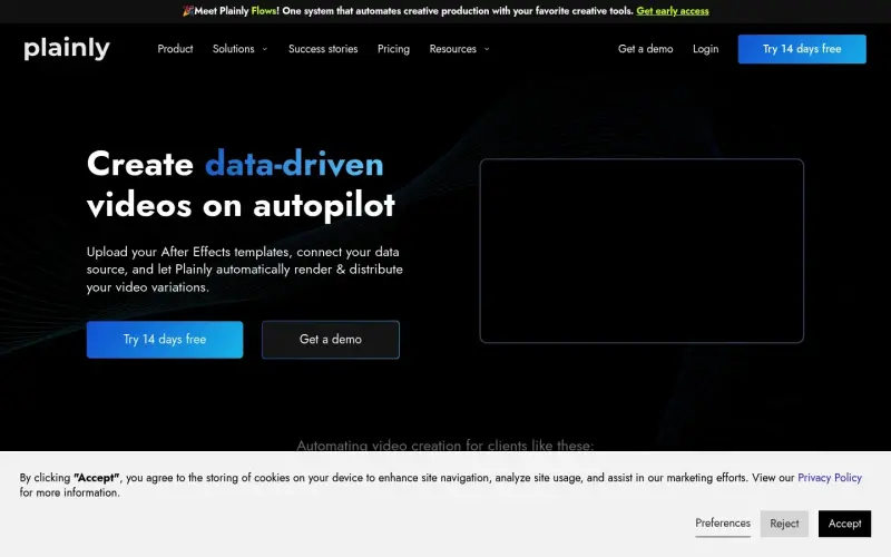 Plainly homepage showing video creation from After Effects templates automation