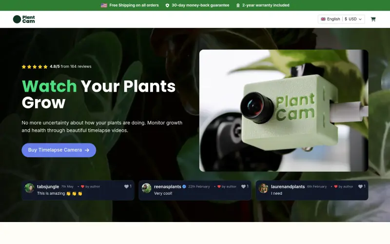 PlantCam homepage showing Capture plant growth with timelapse videos