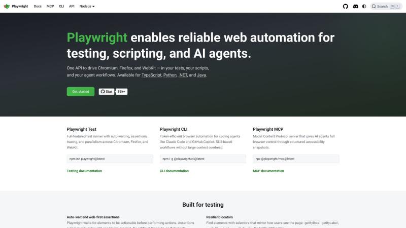 Playwright homepage showing Streamline your testing workflow with fast and reliable automation