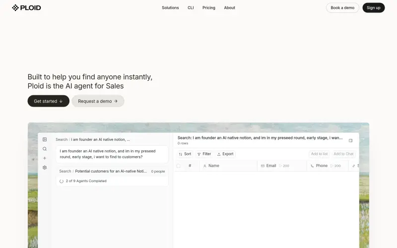 Ploid homepage showing Find anyone instantly with AI agents