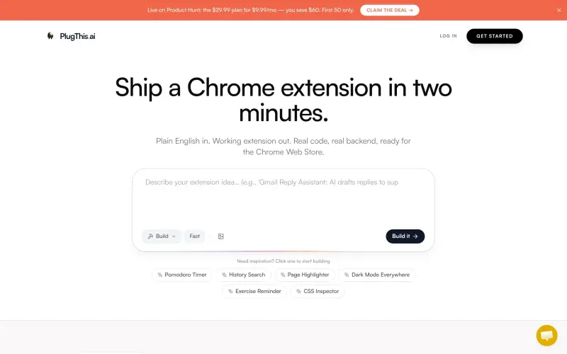 PlugThis homepage showing Build Chrome extensions with AI, no coding