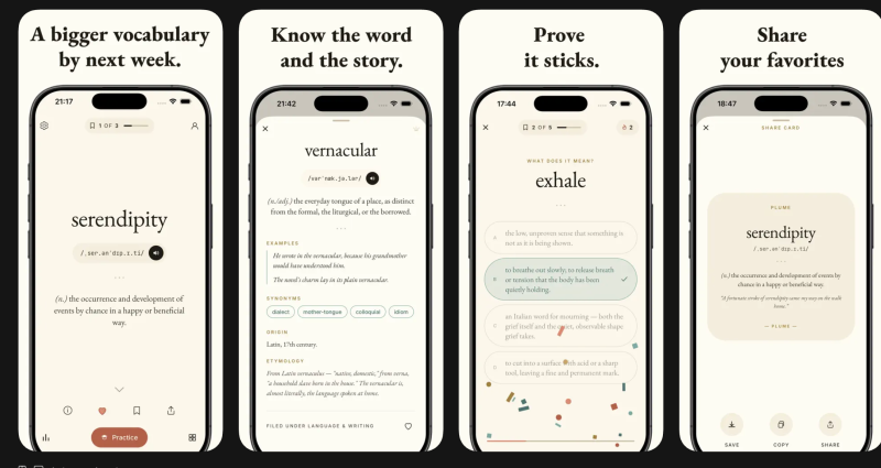 Plume - Word of the day homepage showing Daily word deliveries with meanings and stories