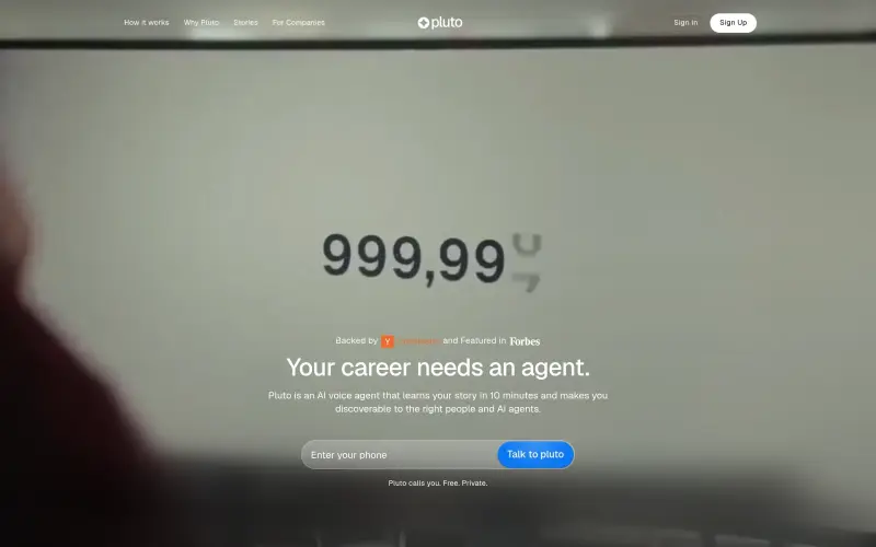 Pluto homepage showing Turn 10 minutes into a discoverable career story