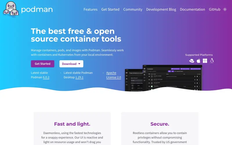 Podman homepage showing Develop and run containers, fast and open source