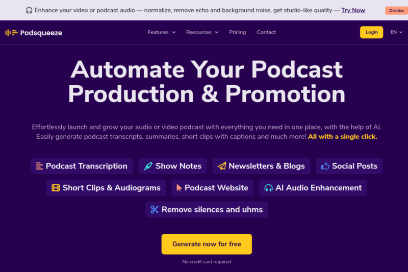 Podsqueeze homepage showing Streamline your podcast workflow and save time with our all-in-one tool for