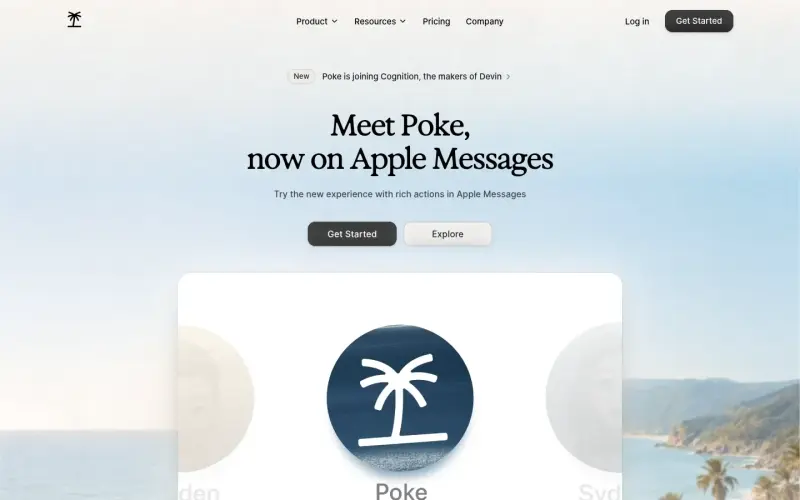 Poke homepage showing AI assistant on messaging apps