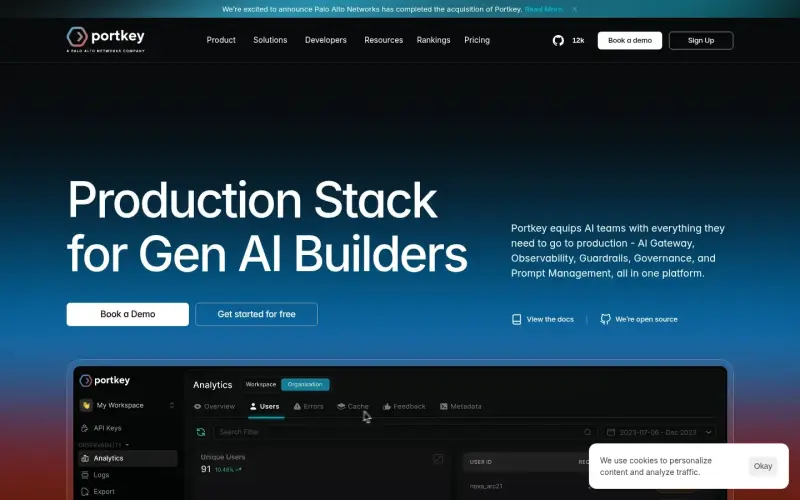 Portkey homepage showing Equip AI teams with everything they need for production