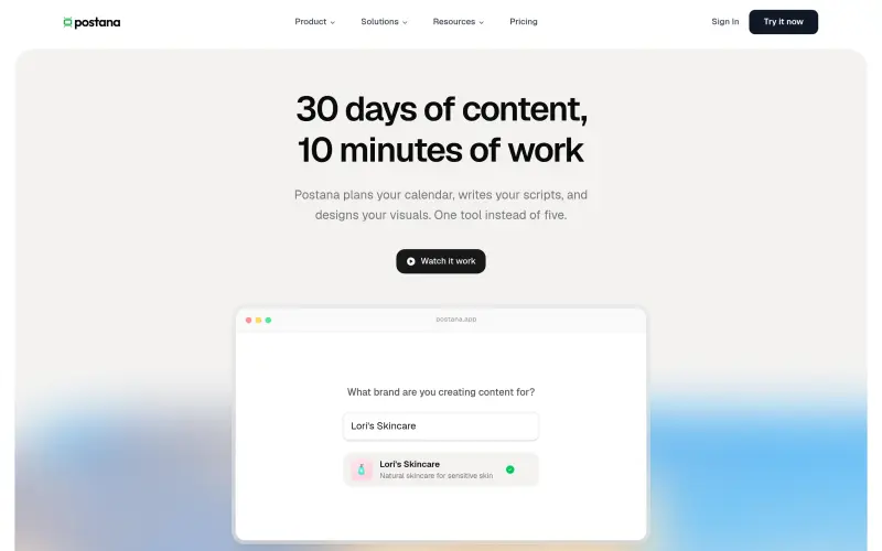 Postana homepage showing AI content calendar that plans a month of posts in minutes