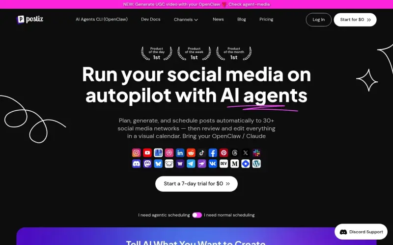 Postiz homepage screenshot - Automate social media with AI agents and scheduling tools