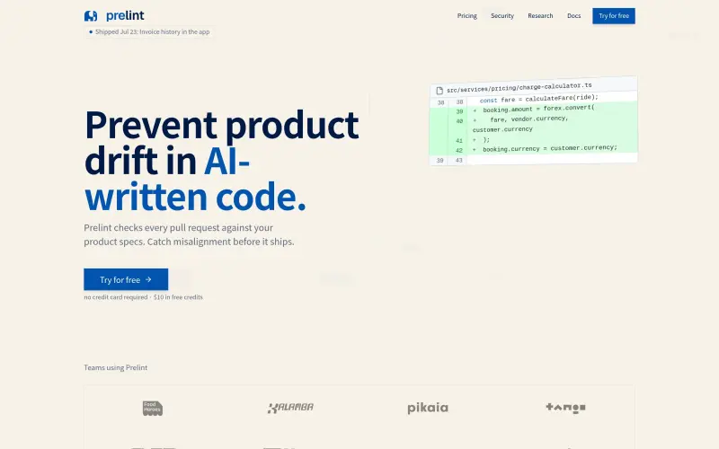 Prelint homepage showing Review product specs in every pull request