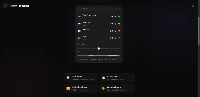 Pretty Timezones homepage showing Easily coordinate with teams across different timezones and plan meetings with